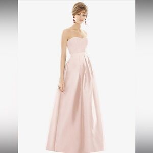 ALFRED SUNG STRAPLESS PLEATED SKIRT MAXI DRESS WITH POCKETS IN BLUSH SATIN TWILL